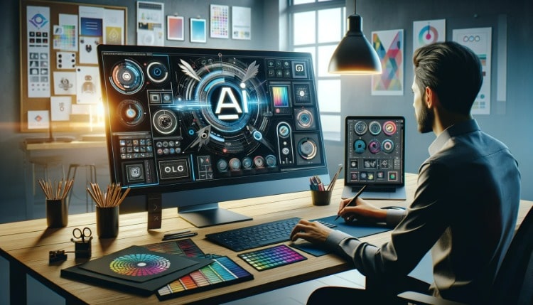 Ontwerper werkt aan AI-gestuurde logo-ontwerpen op een modern bureau met een high-tech computersetup, omringd door kleurpaletten en inspirerende posters.