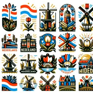 Collage van diverse AI-ontworpen Nederlandse logo's met elementen zoals tulpen, molens en fietsen