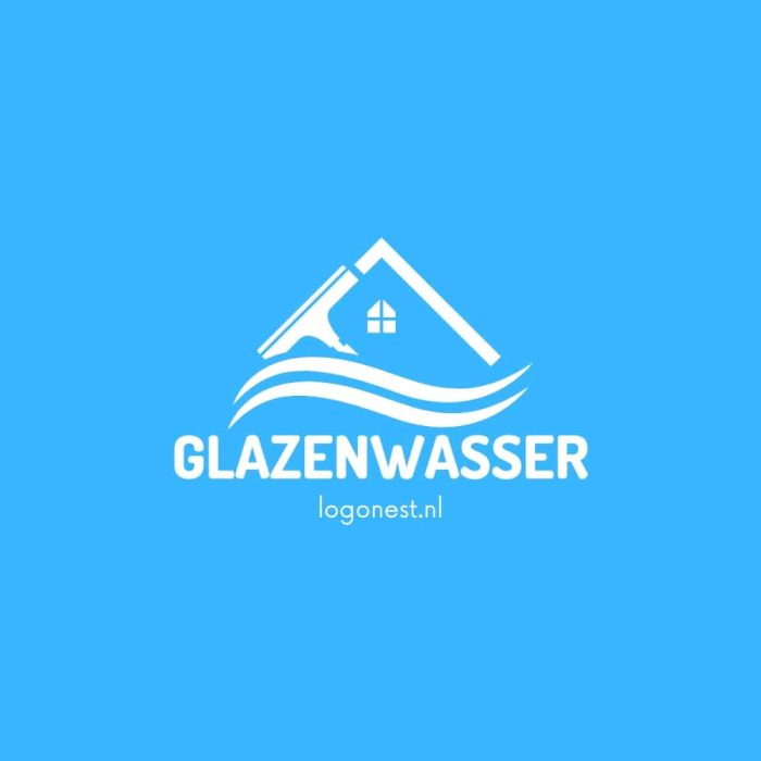 Logo van Glazenwasser met huis en golfpatroon op een blauwe achtergrond.