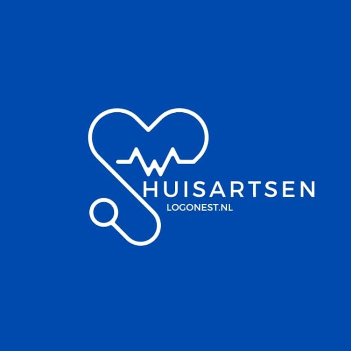 Logo van Huisartsen met een hart en stethoscoop lijnontwerp op koningsblauwe achtergrond.