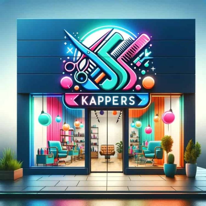 Professioneel logo ontwerp voor kappers en kapsalons: 'Stijl Kappers' in levendige kleuren op salon gevel.