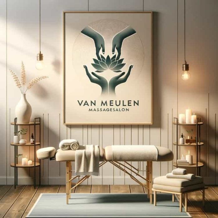 Logo van Van Meulen Massagesalon met abstracte handen die een lotusbloem vasthouden