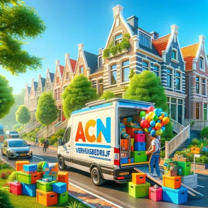 Een kleurrijk, realistisch tafereel van een verhuisdag met een man die een felgekleurde ACN Verhuisbedrijf bestelbus inlaadt in een levendige woonwijk.