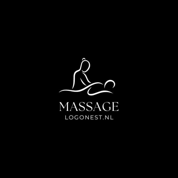 Logo van een Massage praktijk met een eenvoudige lijntekening van een massage in wit op een zwarte achtergrond.