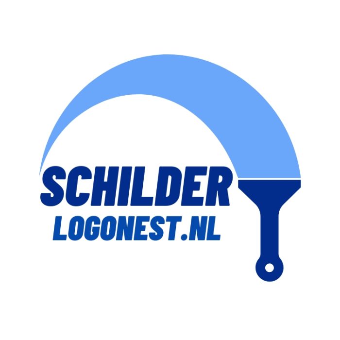 Logo van Schilder met kwast en verfboog in blauw op een witte achtergrond.