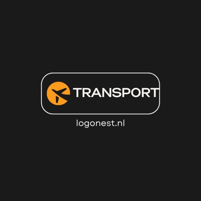 Logo van Transport met een vliegtuig icoon en oranje accenten op een zwarte achtergrond.