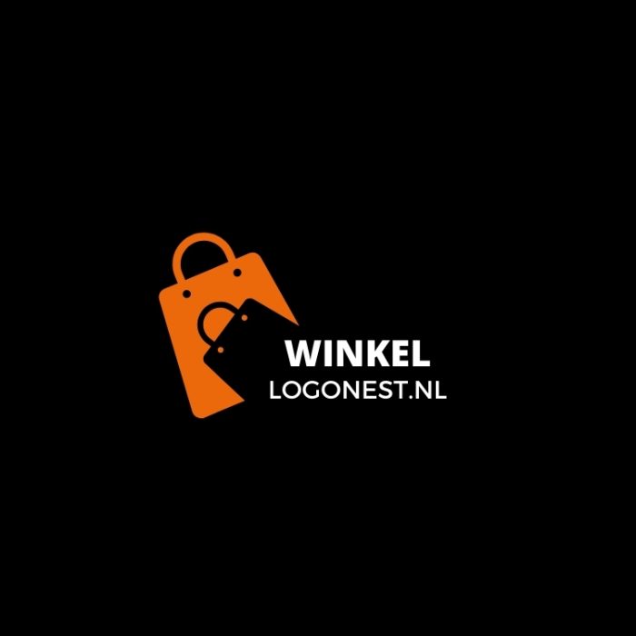 Logo van Winkel met overlappende boodschappentassen in oranje op een zwarte achtergrond.